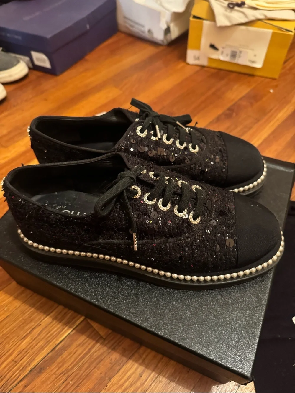 CHANEL Black Tweed Pearl-Trim Slip-On Sneakers